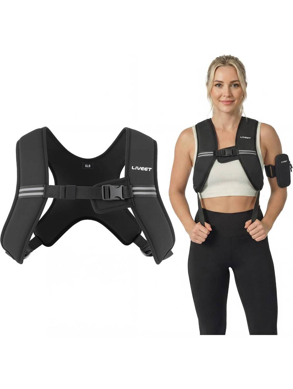 LIVEET 5lb Weighted Exercise Vest with Reflective Strips, Black, Health, Running